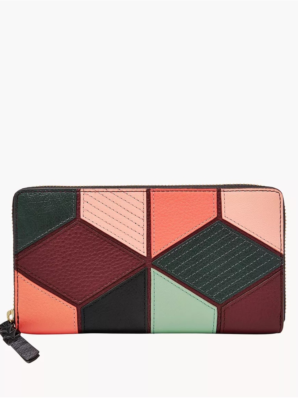 Fossil Logan Patchwork Leather Zip Around Clutch Wallet Geometric Multi-Color